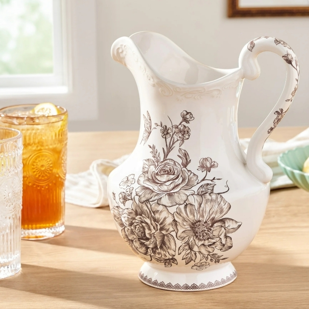 💜 2025 Pioneer Woman Agatha White and Brown Floral Pitcher